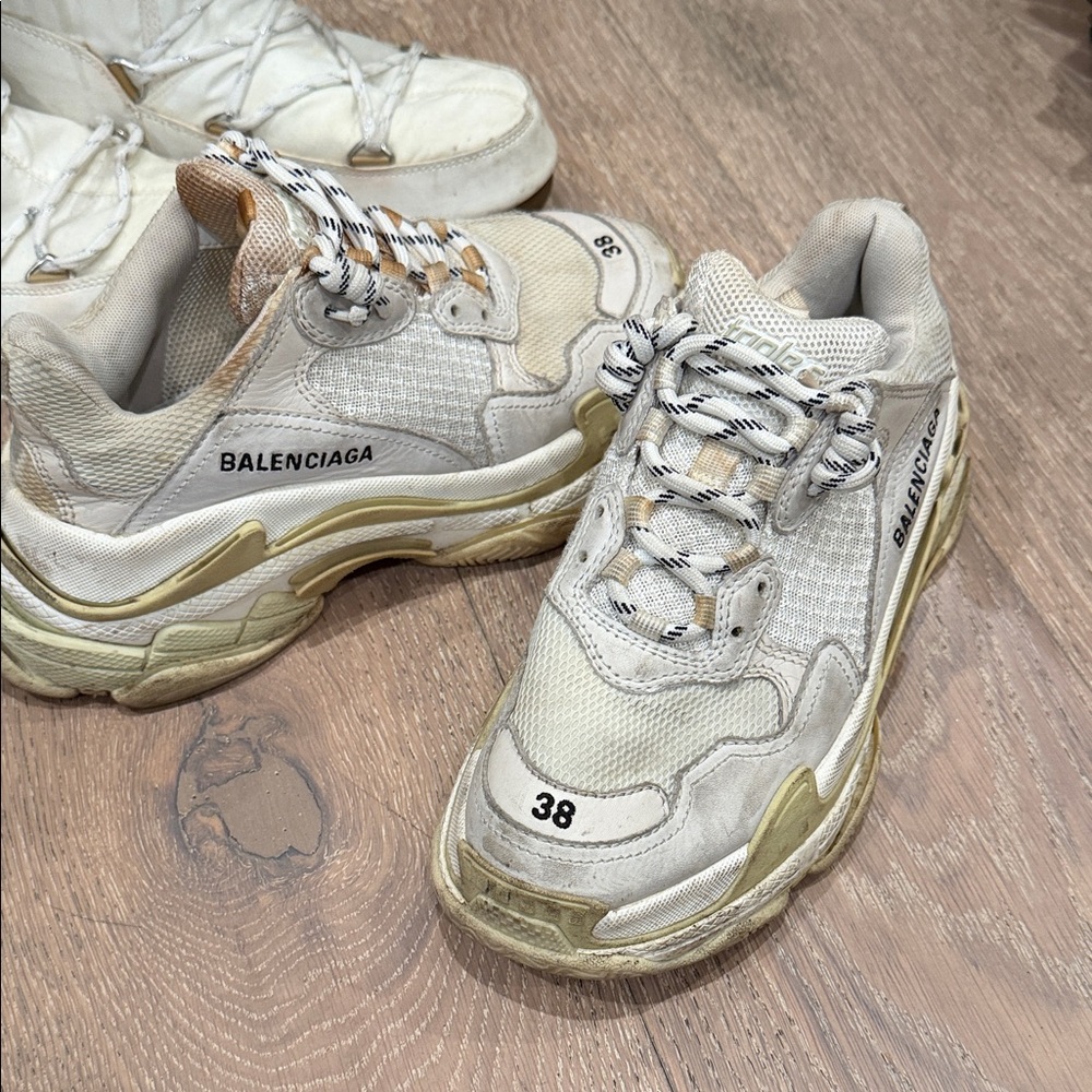 Balenciaga Distressed White and Tan Sneakers